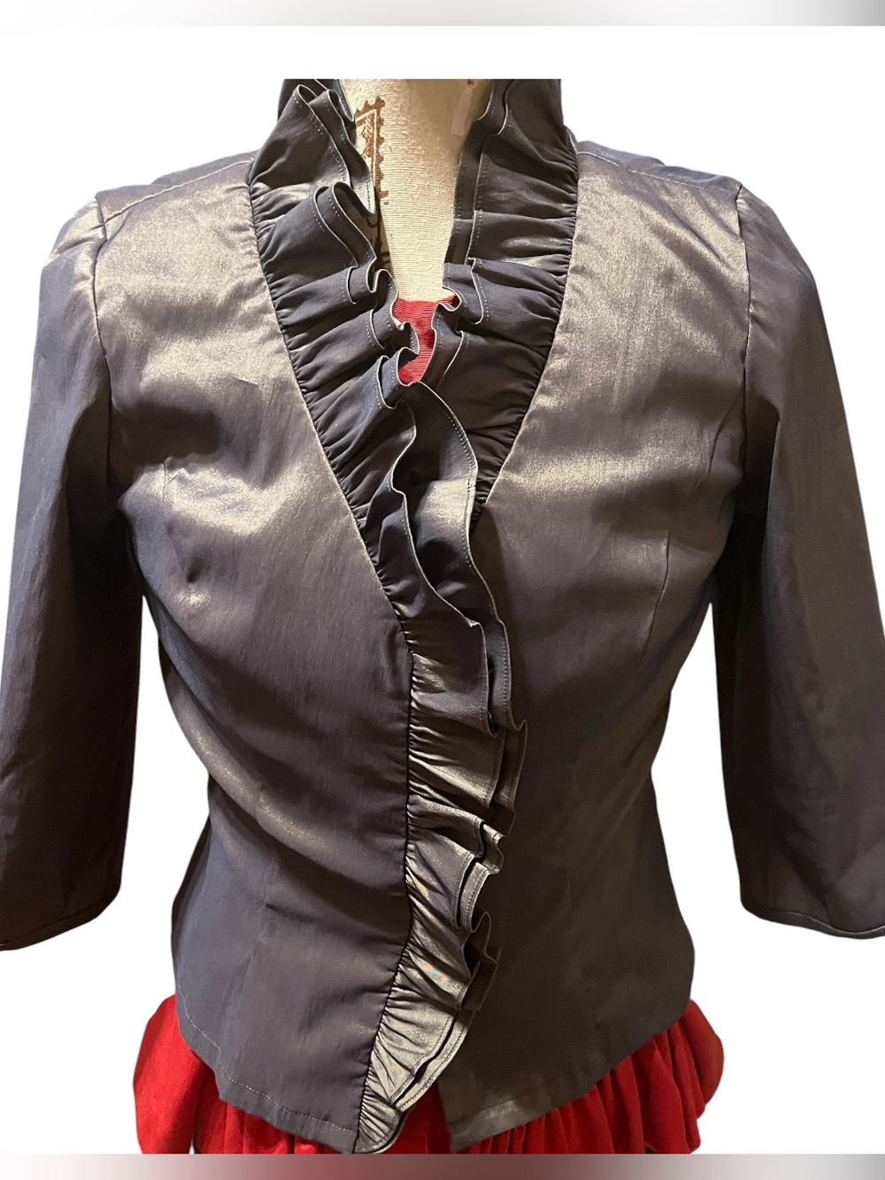Alex Evenings Black Satin-Look Jacket with Ruffled Front fits like a 2-4 size